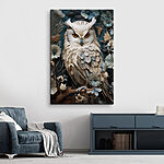 Tableaux Hibou blanc aux yeux jaunes sur fond bleu avec des fleurs