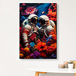 Tableaux Deux astronautes en combinaison spatiale et des fleurs