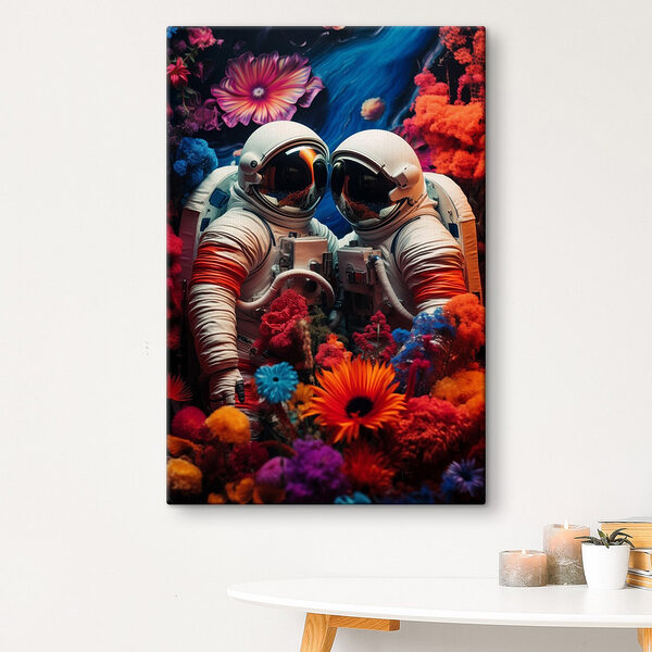 Deux astronautes en combinaison spatiale et des fleurs Tableaux Deux astronautes en combinaison spatiale et des fleurs