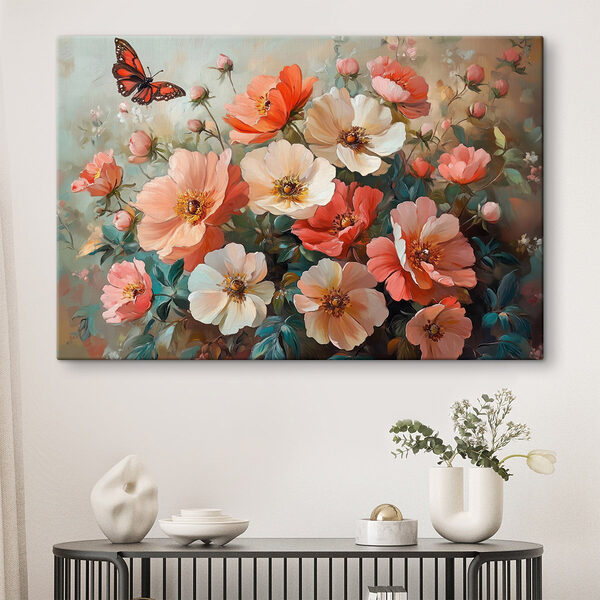 Papillon survolant un bouquet de fleurs Tableaux Papillon survolant un bouquet de fleurs