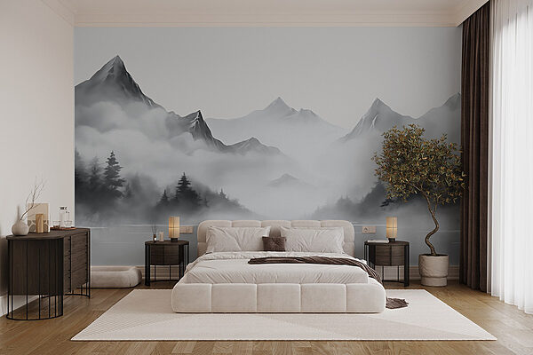 Paysage de montagne brumeux avec arbres et montagnes Papier peint Paysage de montagne brumeux avec arbres et montagnes