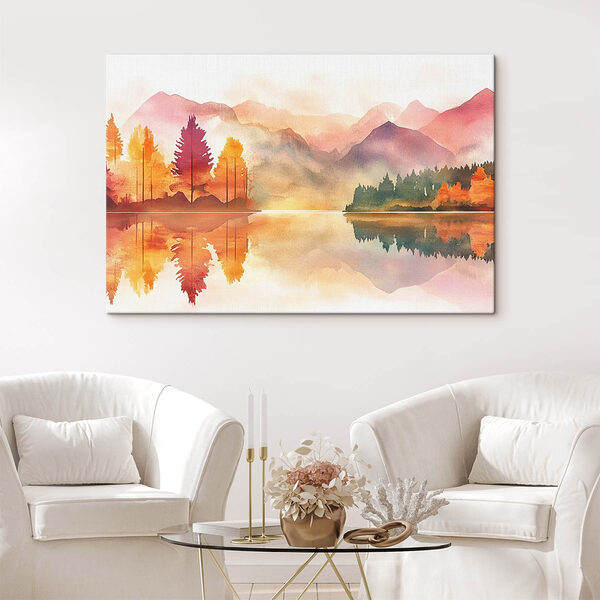 Aquarelle d'un lac avec des arbres et des montagnes en arrière-plan Tableaux Aquarelle d'un lac avec des arbres et des montagnes en arrière-plan