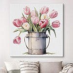 Tableaux Peinture de tulipes roses dans un seau en métal