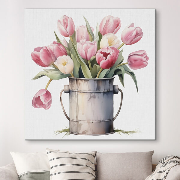 Peinture de tulipes roses dans un seau en métal Tableaux Peinture de tulipes roses dans un seau en métal