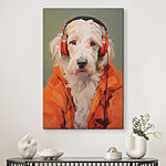 Tableaux Chien portant des écouteurs orange