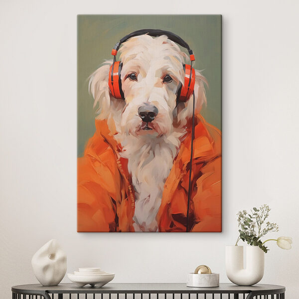 Chien portant des écouteurs orange Tableaux Chien portant des écouteurs orange