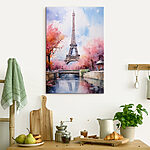 Tableaux Aquarelle d'une tour avec des fleurs roses et un pont