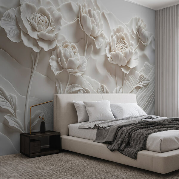 Sculpture de fleurs blanches sur un mur Papier peint Sculpture de fleurs blanches sur un mur