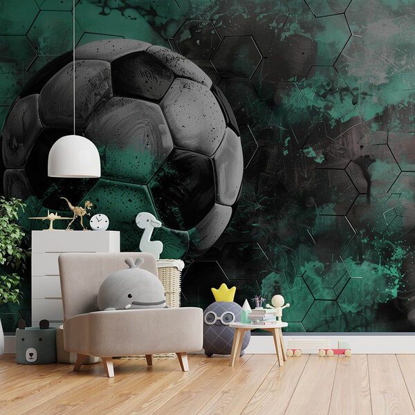 Papier peint Ballon de football sur fond vert et noir