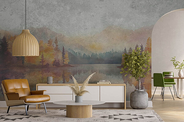 Aquarelle d'un lac avec arbres et montagnes Papier peint Aquarelle d'un lac avec arbres et montagnes