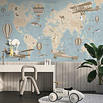 Papier peint Carte du monde avec avions et montgolfières