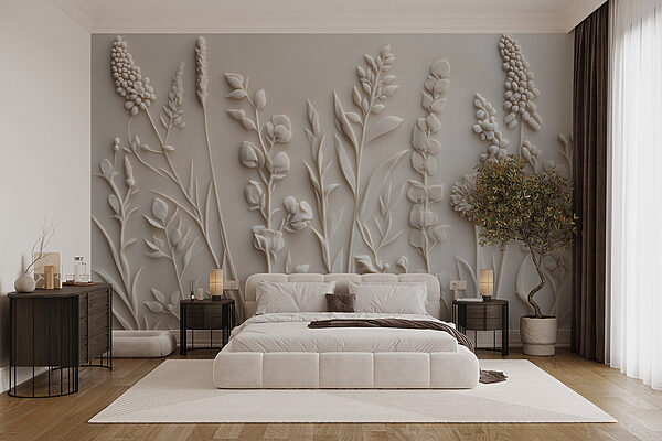 Motif de fleurs et de feuilles blanches Papier peint Motif de fleurs et de feuilles blanches