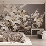 Papier peint Fleurs blanches avec des tourbillons bruns et blancs