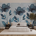 Papier peint Fleurs et feuilles bleues