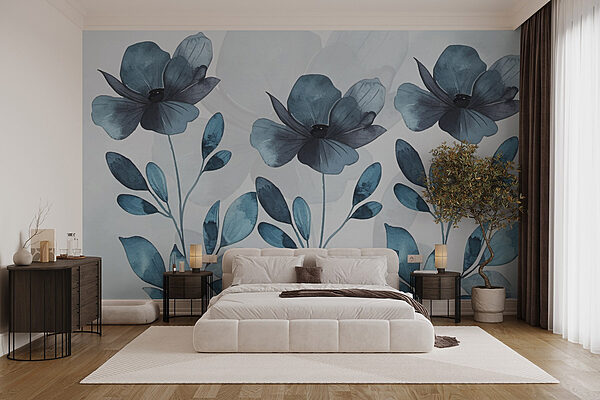 Fleurs et feuilles bleues Papier peint Fleurs et feuilles bleues