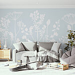 Papier peint Fleurs et feuilles blanches sur fond bleu clair