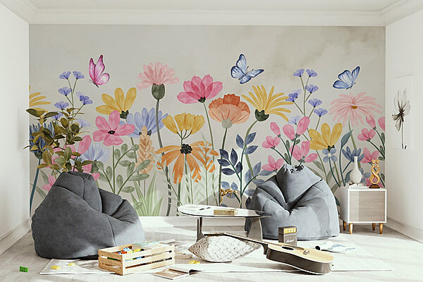 Peinture de fleurs et de papillons Papier peint Peinture de fleurs et de papillons