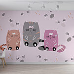 Papier peint Groupe de chats assis sur une surface rose