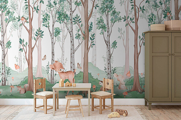 Fond d'écran avec une forêt d'arbres et d'animaux Papier peint Fond d'écran avec une forêt d'arbres et d'animaux