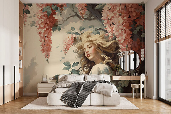Femme dans un arbre avec des fleurs Papier peint Femme dans un arbre avec des fleurs