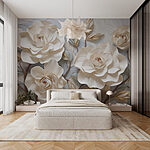 Papier peint Fleurs et feuilles blanches sur une surface blanche