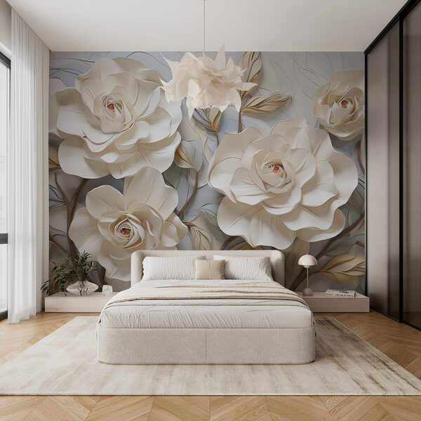 Fleurs et feuilles blanches sur une surface blanche Papier peint Fleurs et feuilles blanches sur une surface blanche