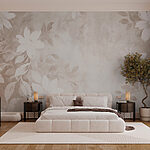 Papier peint Motif floral blanc et gris