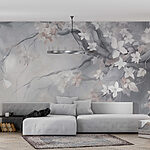 Papier peint Peinture d'un arbre avec des fleurs blanches