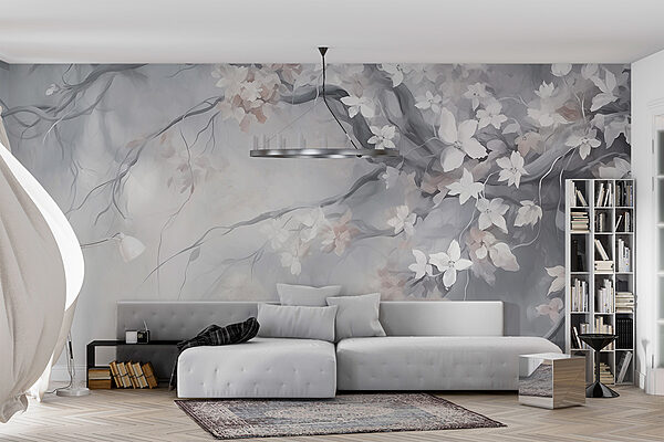 Peinture d'un arbre avec des fleurs blanches Papier peint Peinture d'un arbre avec des fleurs blanches