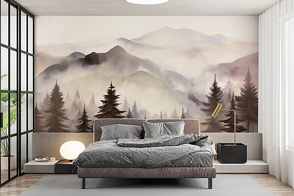 Papier peint Paysage de montagnes et d'arbres