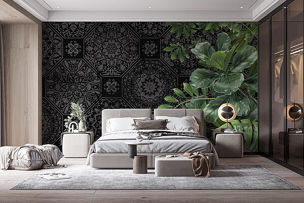 Papier peint noir et gris avec des feuilles vertes Papier peint Papier peint noir et gris avec des feuilles vertes