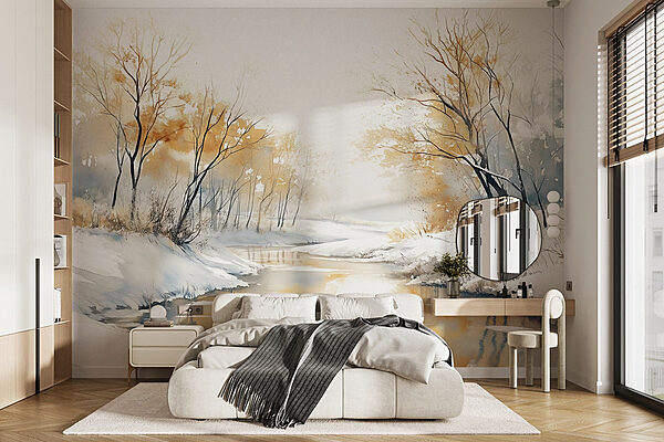 Rivière avec neige et arbres Papier peint Rivière avec neige et arbres