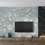 Papier peint Arbre avec des feuilles et des fleurs blanches