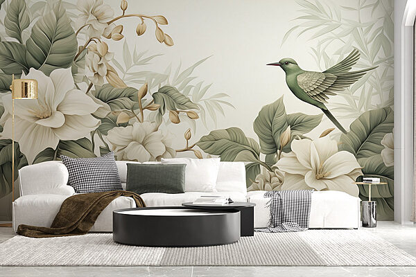 Oiseau sur une branche avec des fleurs Papier peint Oiseau sur une branche avec des fleurs