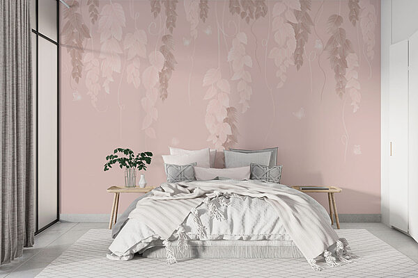 Fond rose et blanc avec des feuilles et des papillons Papier peint Fond rose et blanc avec des feuilles et des papillons