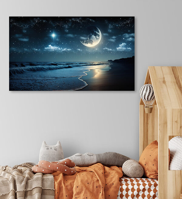 Lune et étoiles sur une plage Tableaux Lune et étoiles sur une plage