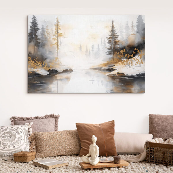 Aquarelle d'une rivière avec des arbres et du brouillard Tableaux Aquarelle d'une rivière avec des arbres et du brouillard
