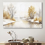 Tableaux Aquarelle d'une rivière avec des arbres, de l'herbe et de la neige