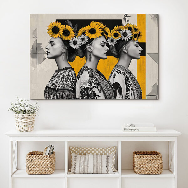 Groupe de femmes avec des tournesols dans les cheveux Tableaux Groupe de femmes avec des tournesols dans les cheveux