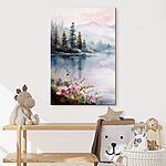 Tableaux Aquarelle d'un lac avec des arbres et des fleurs