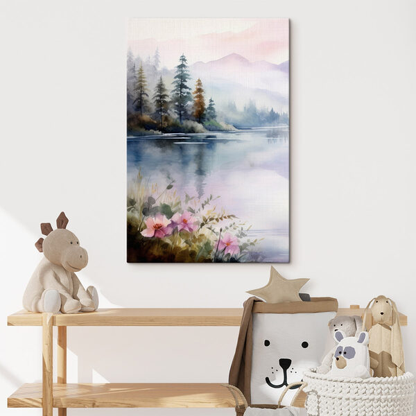 Aquarelle d'un lac avec des arbres et des fleurs Tableaux Aquarelle d'un lac avec des arbres et des fleurs