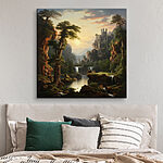 Tableaux Cascade et château dans les montagnes