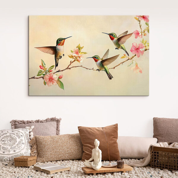 Groupe de colibris sur une branche avec des fleurs Tableaux Groupe de colibris sur une branche avec des fleurs