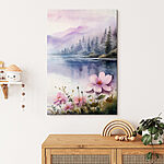 Tableaux Aquarelle de fleurs et d'arbres au bord d'un lac