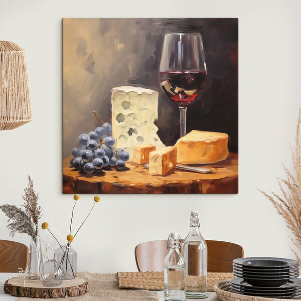 Verre de vin et fromage sur une table Tableaux Verre de vin et fromage sur une table