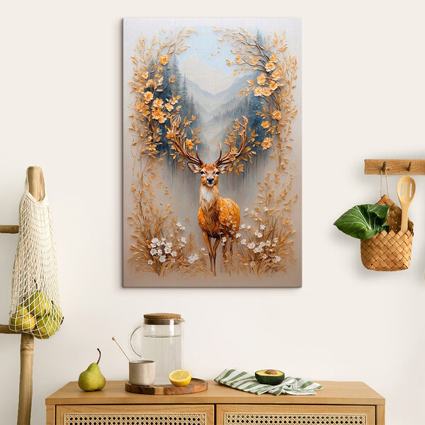 Peinture d'un cerf avec des fleurs et des montagnes Tableaux Peinture d'un cerf avec des fleurs et des montagnes