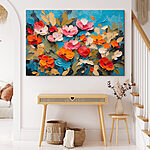 Tableaux Peinture de fleurs sur une surface bleue