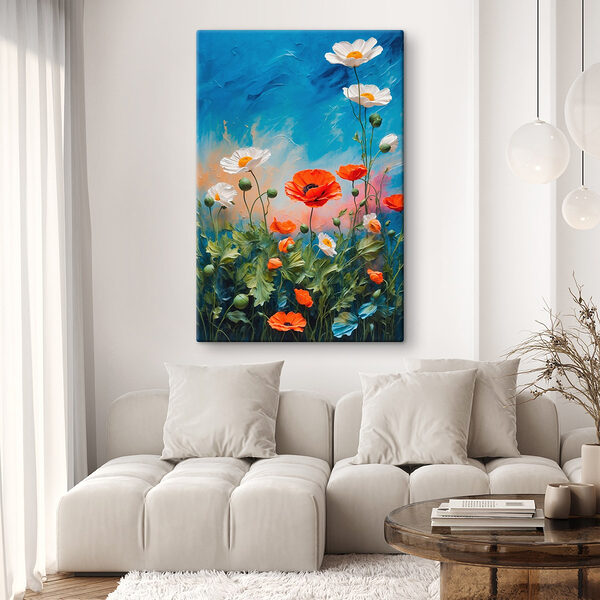 Peinture de fleurs sur fond bleu Tableaux Peinture de fleurs sur fond bleu