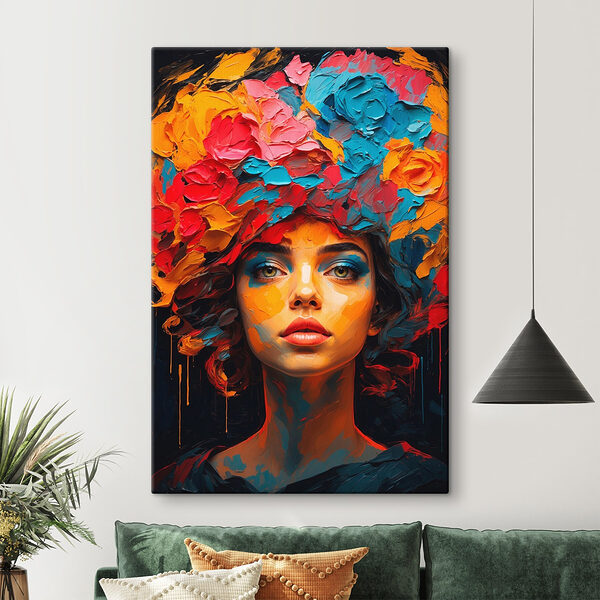 Femme avec des fleurs colorées sur la tête Tableaux Femme avec des fleurs colorées sur la tête