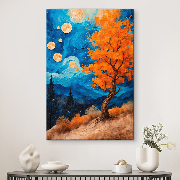 Peinture d'un arbre avec des feuilles orange et des montagnes bleues Tableaux Peinture d'un arbre avec des feuilles orange et des montagnes bleues